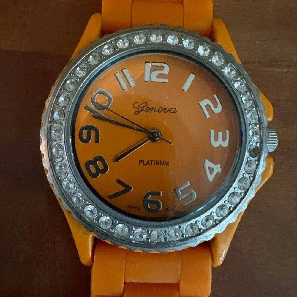 Geneva Platinum Orange Dial Crystal Bezel & Orange Rubber Band Watch